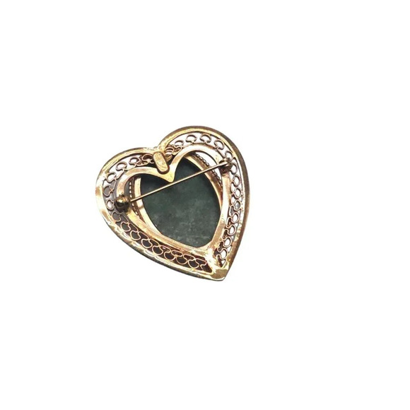 Catamore 1/20 12k Gold Filled Green Stone Heart Filigree Brooch Pin Vintage - Picture 3 of 5